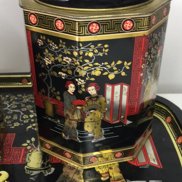 Vintage Asian Tin Tea Containers On Tray Decorative - Picture 3 of 16